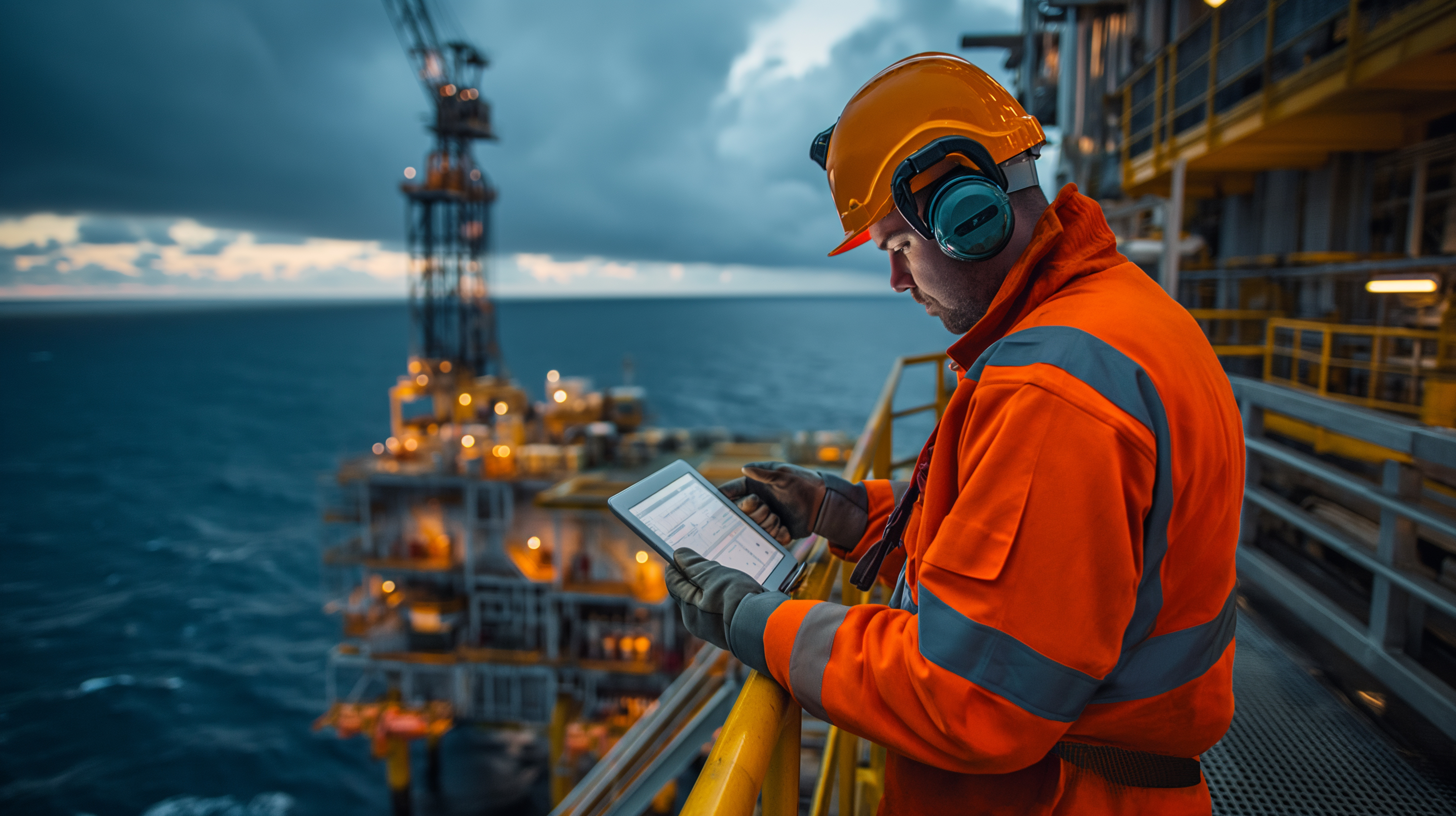 Oil rig worker looking at a tablet