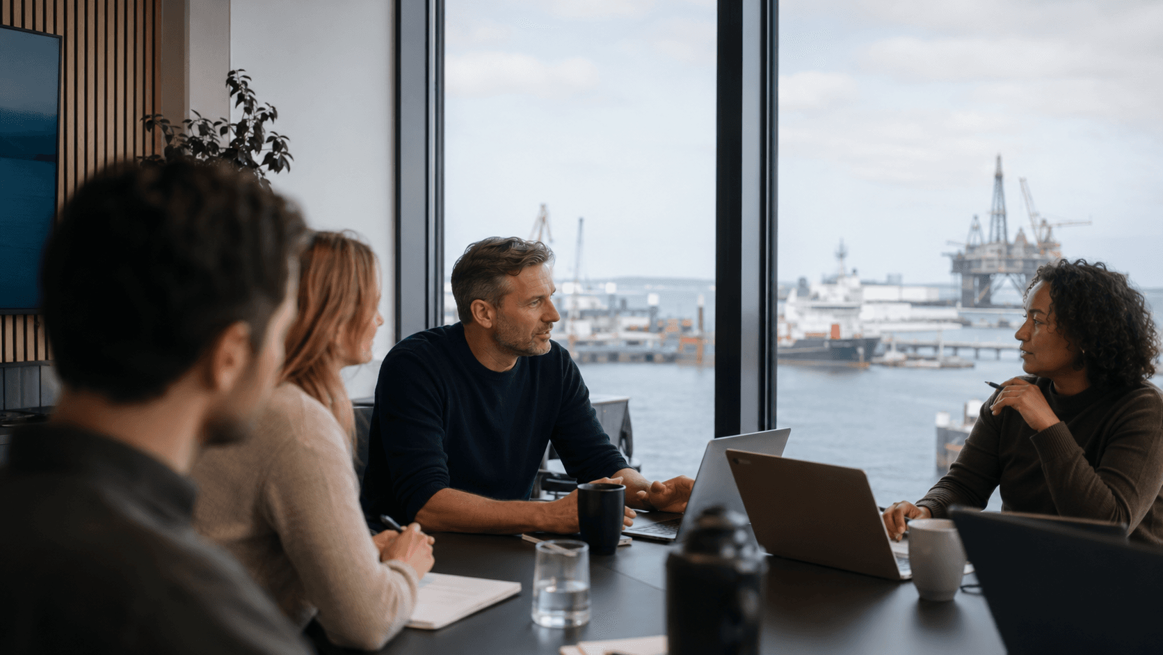 Fire kolleger med laptoper rundt et møtebord i et moderne kontor, med store vinduer bak seg mot en havn og offshore-oljeplattformer