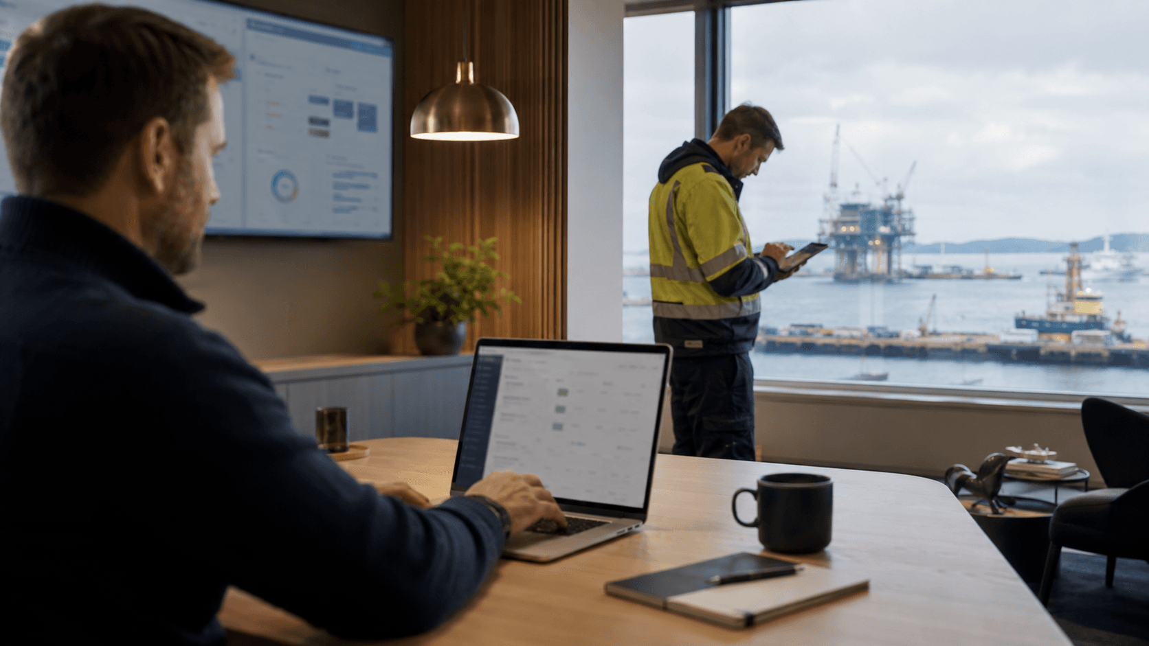 En koordinator som gjennomgår arbeidstimer på en laptop i et moderne kontor mens en offshore-arbeider i refleksjakke fører timer på et nettbrett ved vinduet, med en rigg og havn utenfor